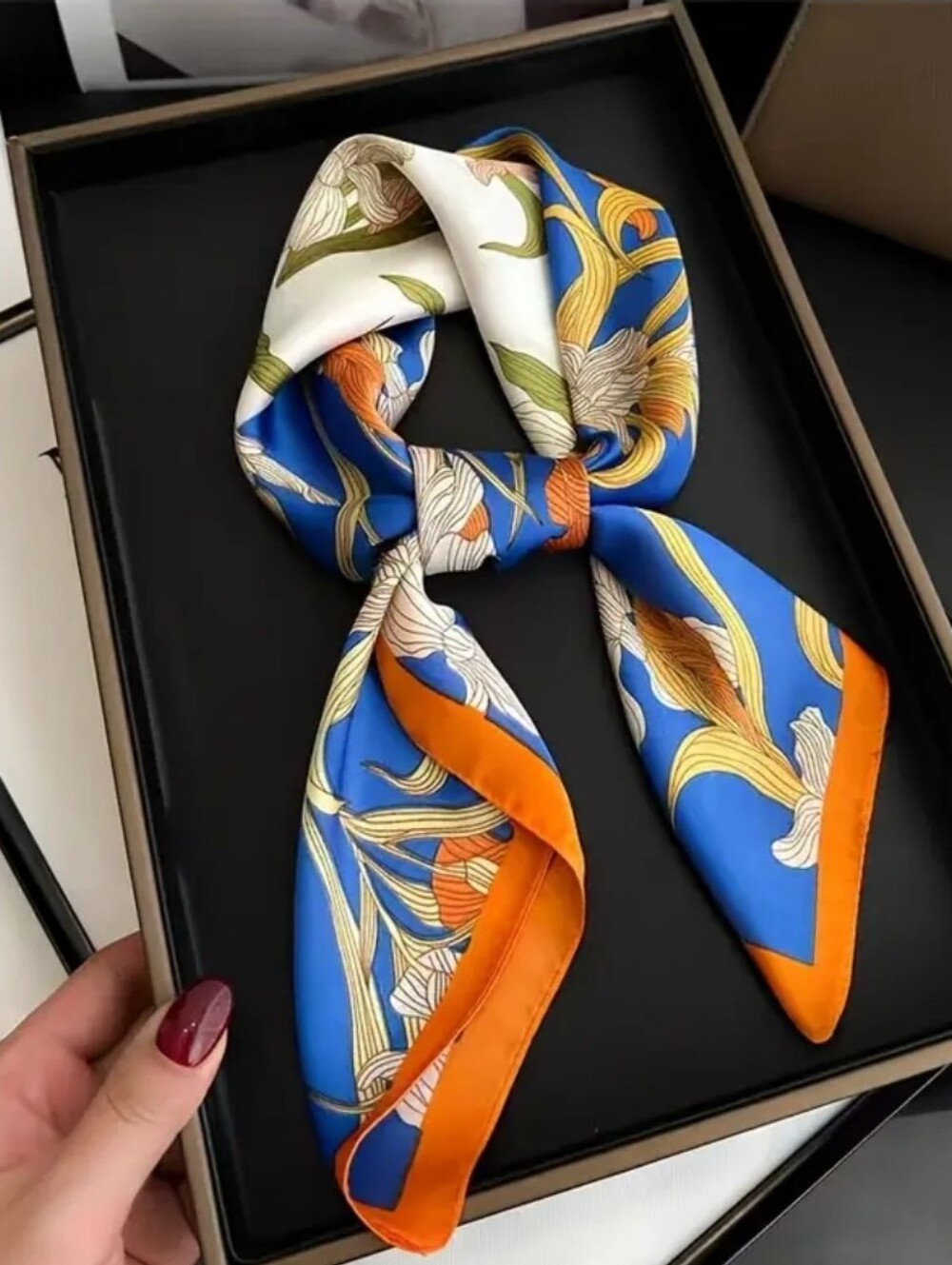 Silk-feel Floral Satin Square Scarf - Blue, White & Orange Head Scarf, Neck Scar